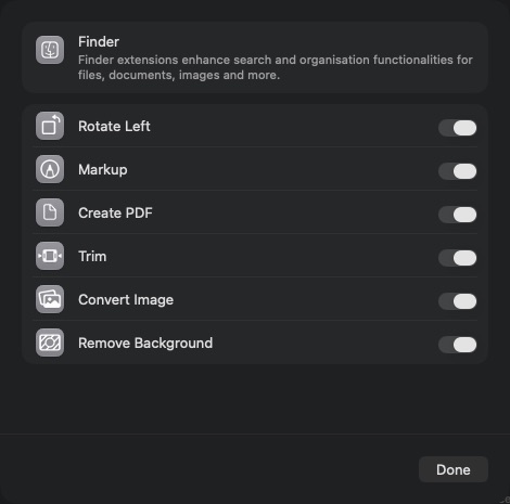 Finder extension settings showing Rotate Left, Markup, Create PDF, Trim, Convert Image and Remove Background.