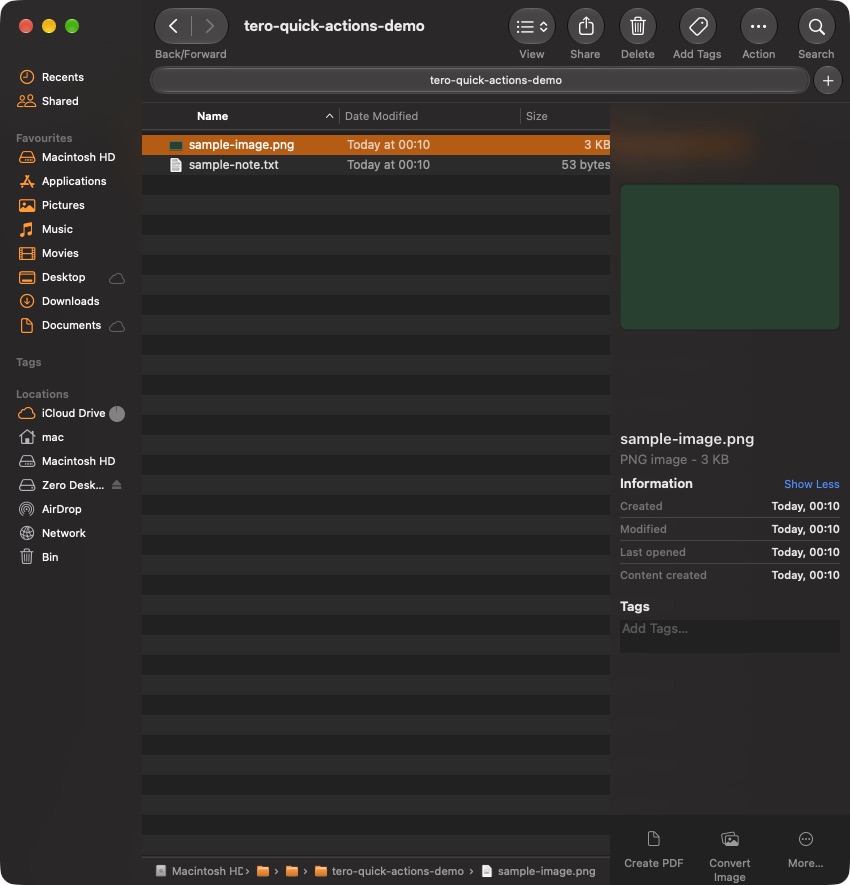 Finder Preview pane with Quick Action buttons below a selected PNG.